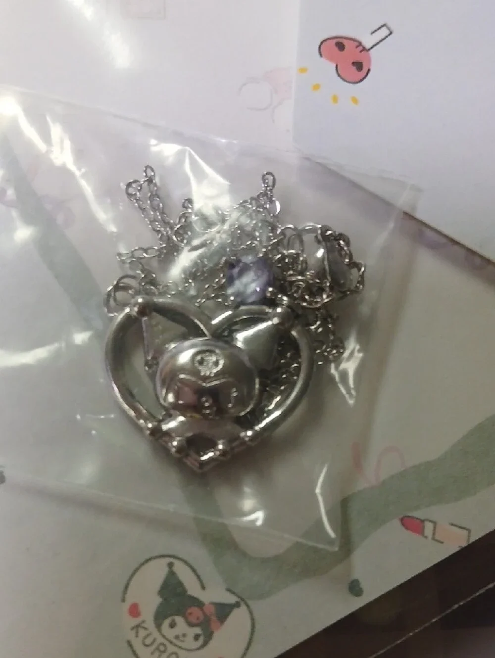 Silver-tone Purple Accent Kuromi Pendant Necklace